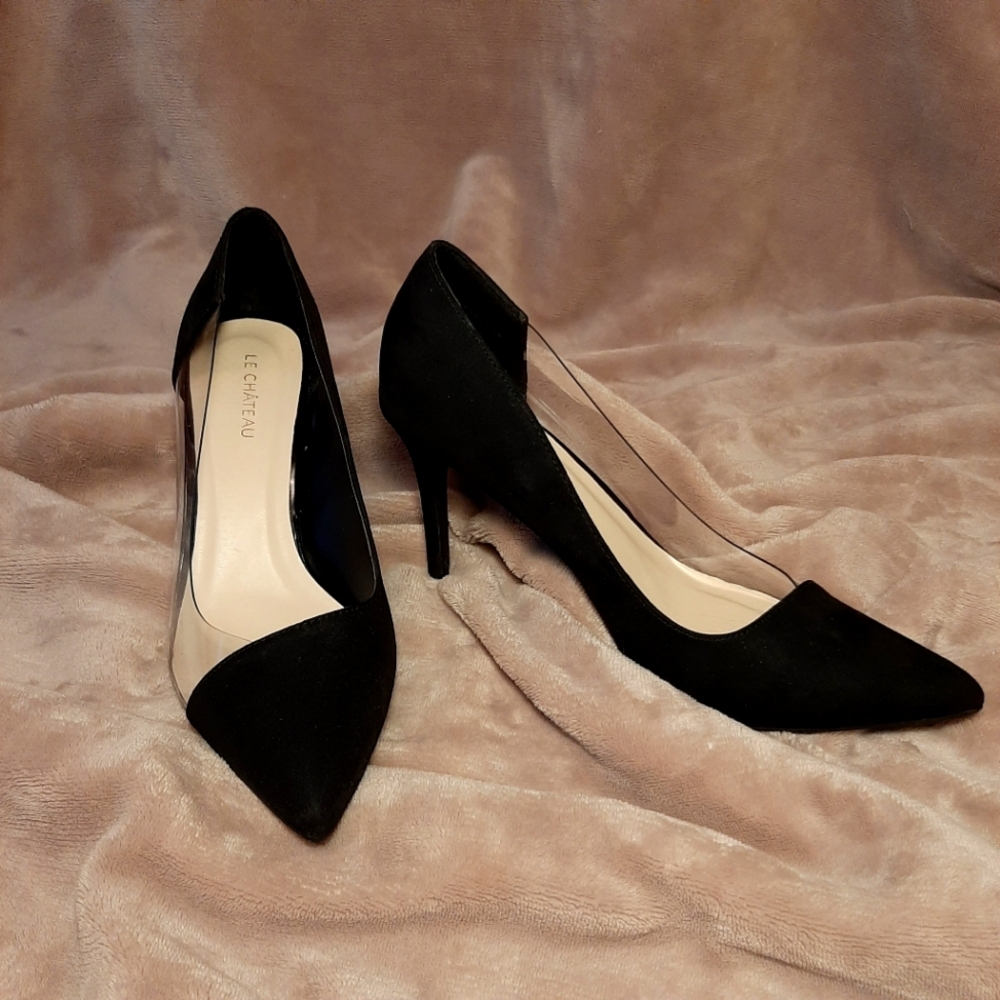 LE CHATEAU Black Suede Clear Side High Heel Pointed Toe Stilettos - Size 8.5